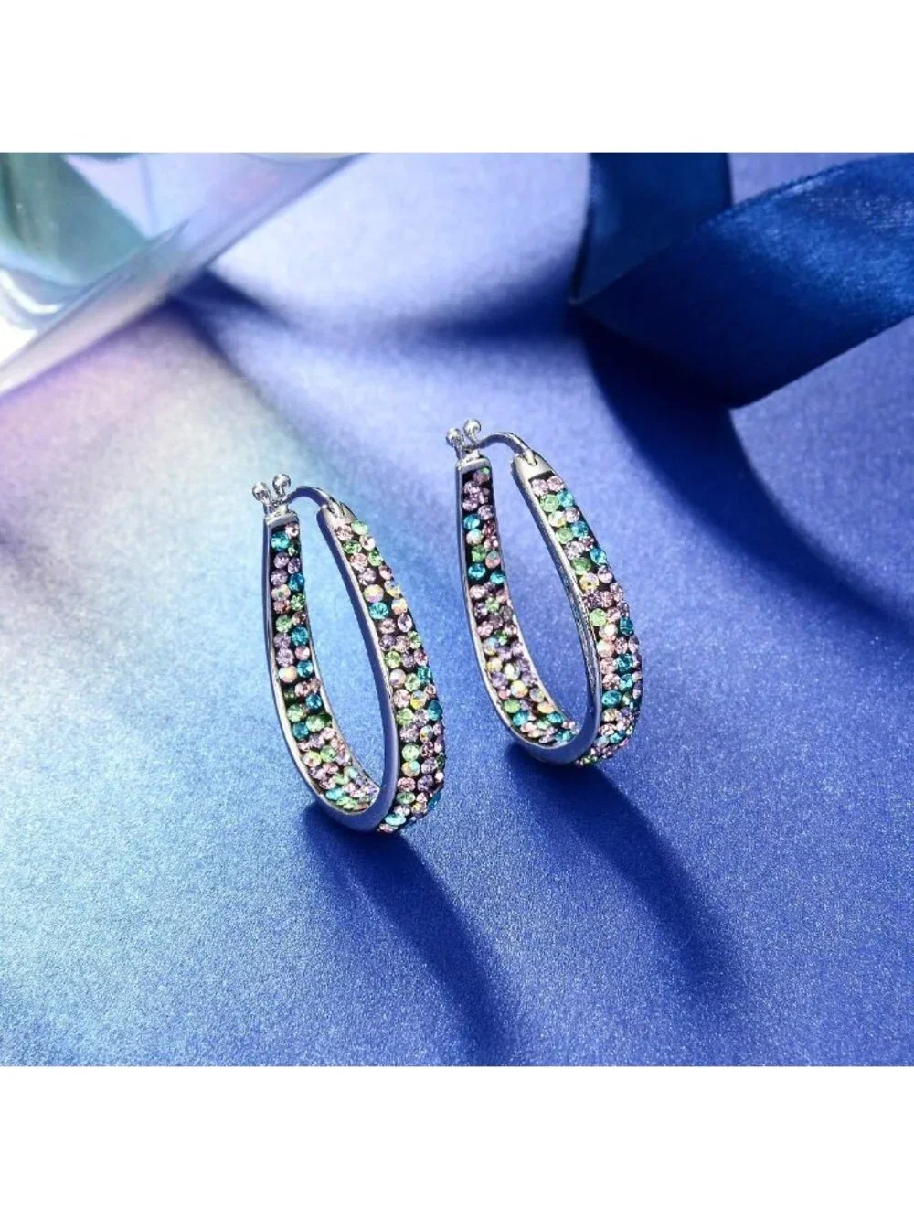 Sparkling Silver Plated Inside Out Crystal Hoop Earrings for Women - 1.2 Inch